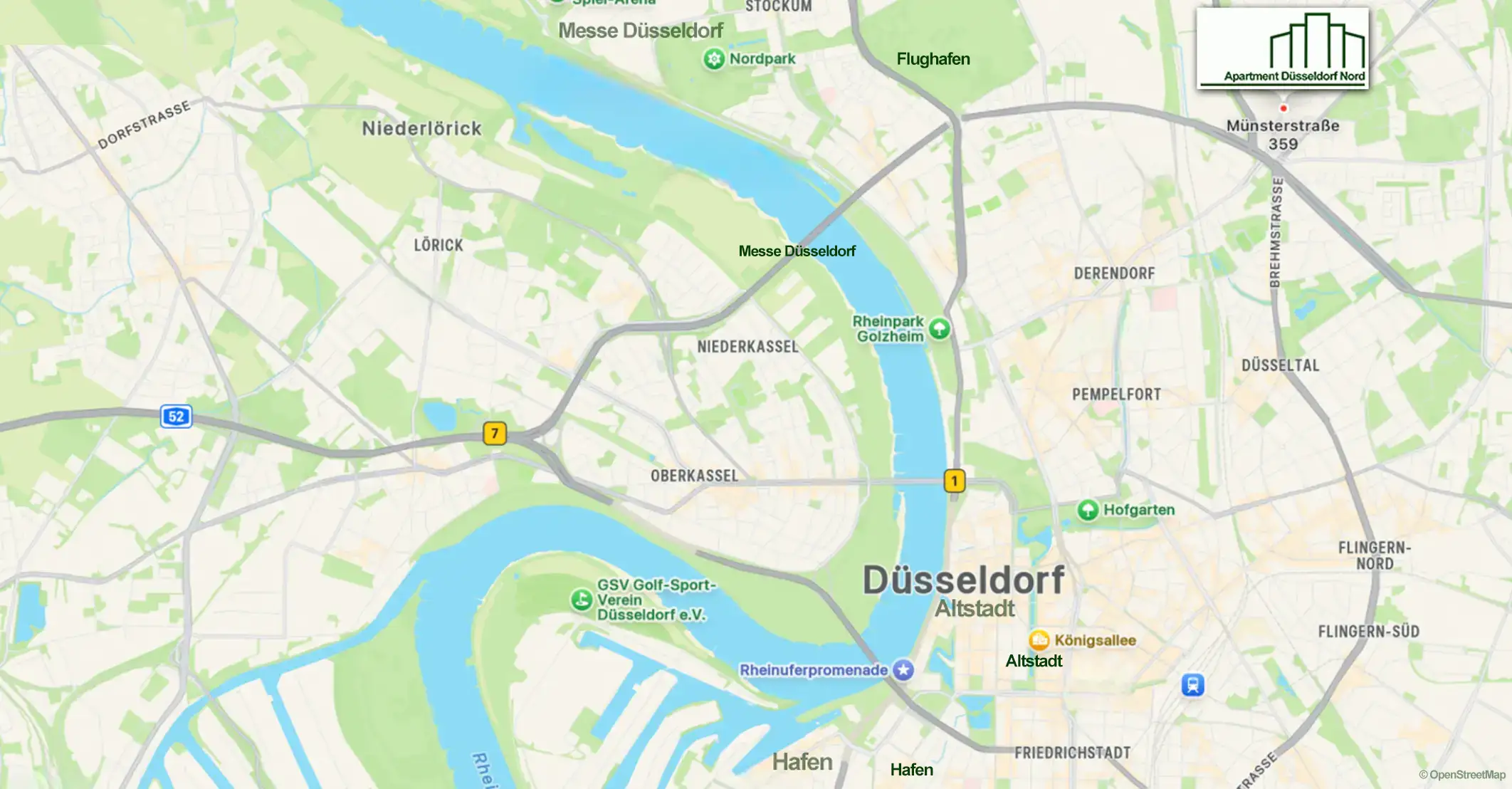 Location of the apartments in Düsseldorf North close to city centre and trade fair